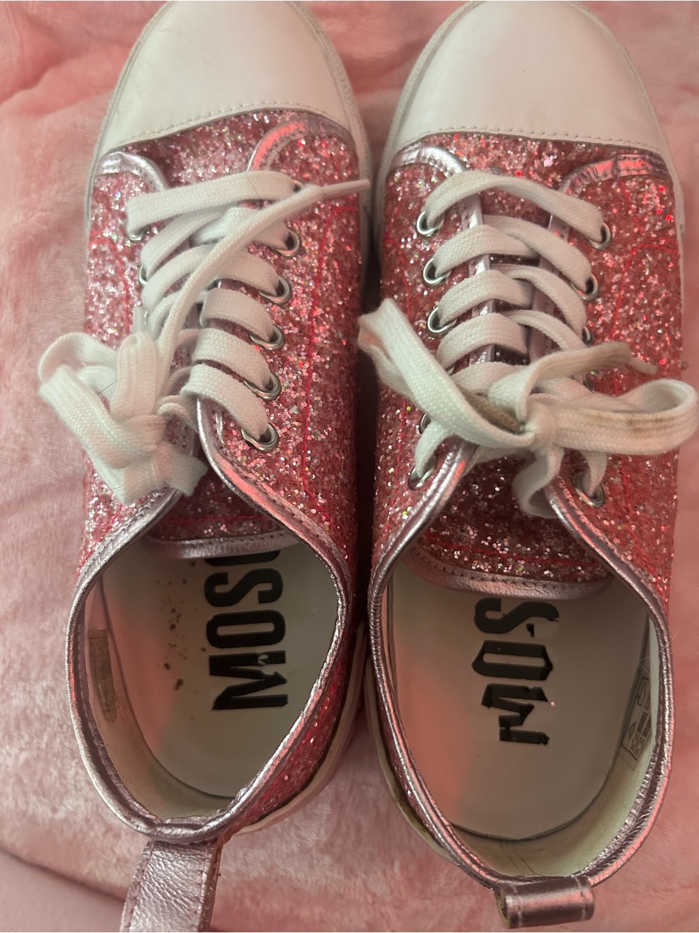 Moschino Pink Glitter Lace-Up Kids Sneakers with White Accents